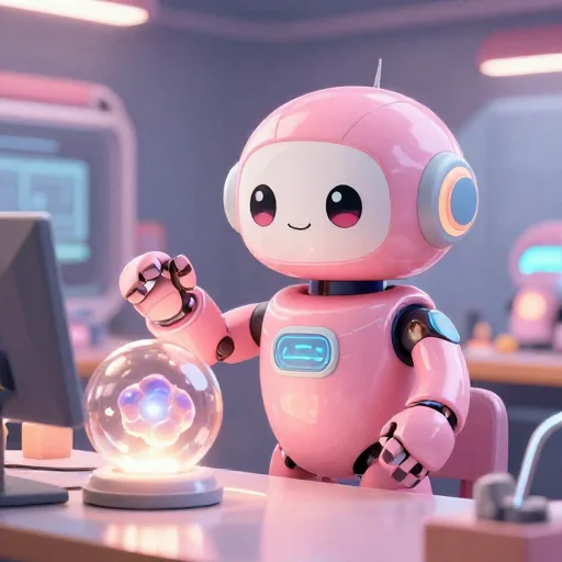 A cheerful pink maintenance robot tending a glowing AI art studio, soft cinematic light, polished illustration, production marker cutedslcanary1791527482d791f9