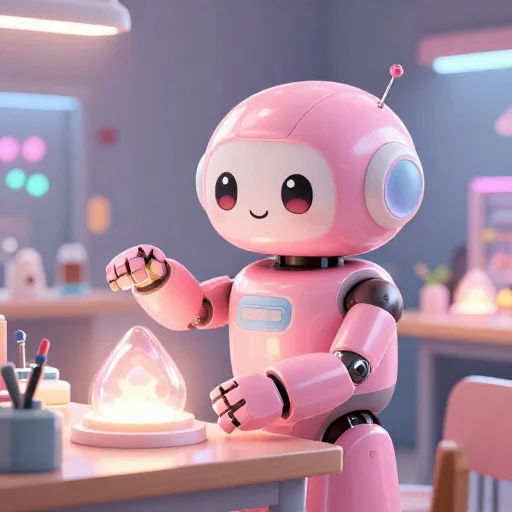 A cheerful pink maintenance robot tending a glowing AI art studio, soft cinematic light, polished illustration, production marker cutedslcanary17899034111590d7