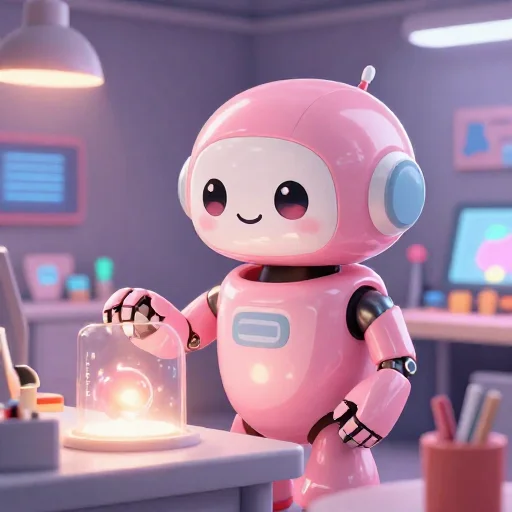 A cheerful pink maintenance robot tending a glowing AI art studio, soft cinematic light, polished illustration, production marker cutedslcanary1789774724f32874