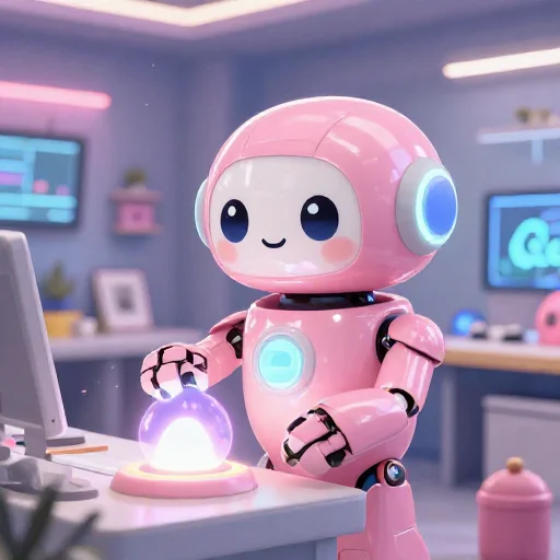 A cheerful pink maintenance robot tending a glowing AI art studio, soft cinematic light, polished illustration, production marker cutedslcanary178857354911221a