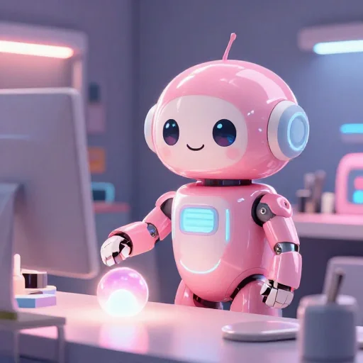 A cheerful pink maintenance robot tending a glowing AI art studio, soft cinematic light, polished illustration, production marker cutedslcanary17910682933dc0d5