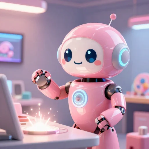 A cheerful pink maintenance robot tending a glowing AI art studio, soft cinematic light, polished illustration, production marker cutedslcanary17922249385e5006