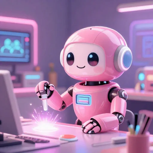 A cheerful pink maintenance robot tending a glowing AI art studio, soft cinematic light, polished illustration, production marker cutedslcanary1786673212cf33a3
