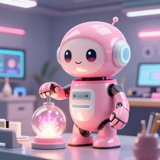A cheerful pink maintenance robot tending a glowing AI art studio, soft cinematic light, polished illustration, production marker cutedslcanary17922033336d5f08