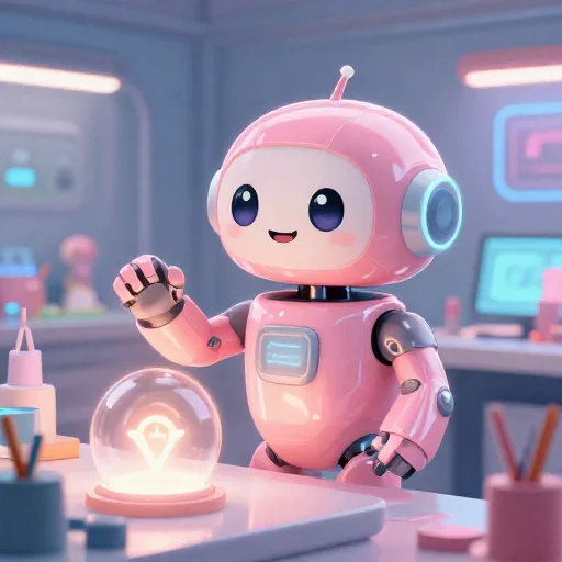 A cheerful pink maintenance robot tending a glowing AI art studio, soft cinematic light, polished illustration, production marker cutedslcanary1787123486ed8fa6