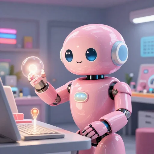 A cheerful pink maintenance robot tending a glowing AI art studio, soft cinematic light, polished illustration, production marker cutedslcanary17870798433ff639