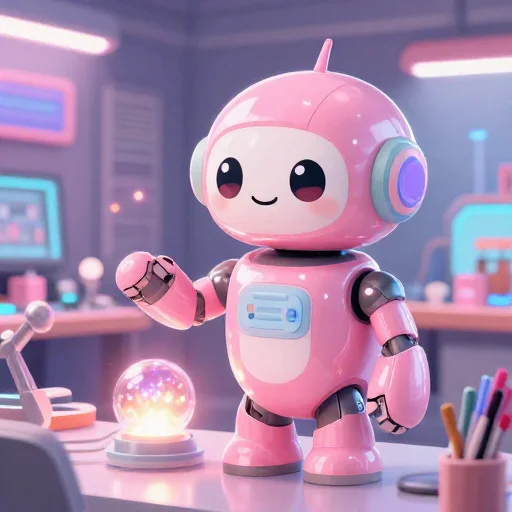 A cheerful pink maintenance robot tending a glowing AI art studio, soft cinematic light, polished illustration, production marker cutedslcanary178815902405da79