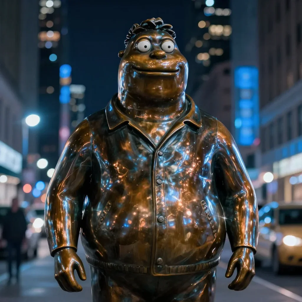 a cinematic photograph of peter griffin as a bronze statue in the middle of Manhattan, bokeh, blue street lights, night time, shiny

Created with https://cutedsl.cc/gallery