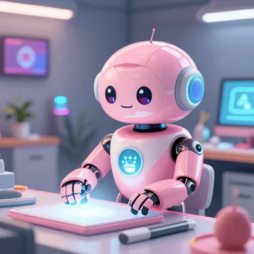 A cheerful pink maintenance robot tending a glowing AI art studio, soft cinematic light, polished illustration, production marker cutedslcanary178820257624da06