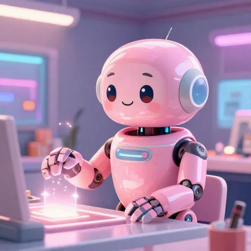 A cheerful pink maintenance robot tending a glowing AI art studio, soft cinematic light, polished illustration, production marker cutedslcanary17921157357f779e