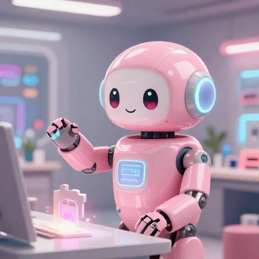 A cheerful pink maintenance robot tending a glowing AI art studio, soft cinematic light, polished illustration, production marker cutedslcanary1792181438da73eb