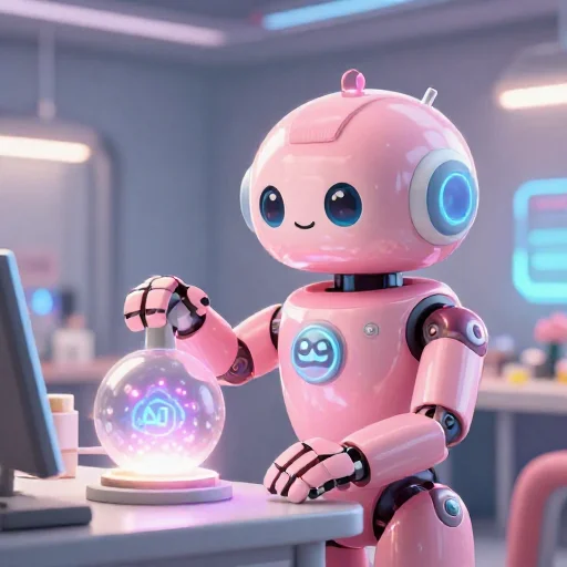 A cheerful pink maintenance robot tending a glowing AI art studio, soft cinematic light, polished illustration, production marker cutedslcanary1787832632bf6017