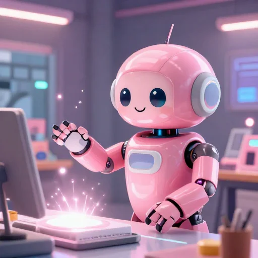A cheerful pink maintenance robot tending a glowing AI art studio, soft cinematic light, polished illustration, production marker cutedslcanary17913084794ef131