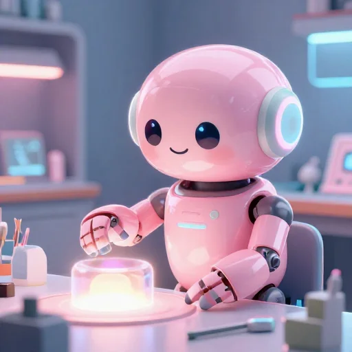 A cheerful pink maintenance robot tending a glowing AI art studio, soft cinematic light, polished illustration, production marker cutedslcanary179209386410781c