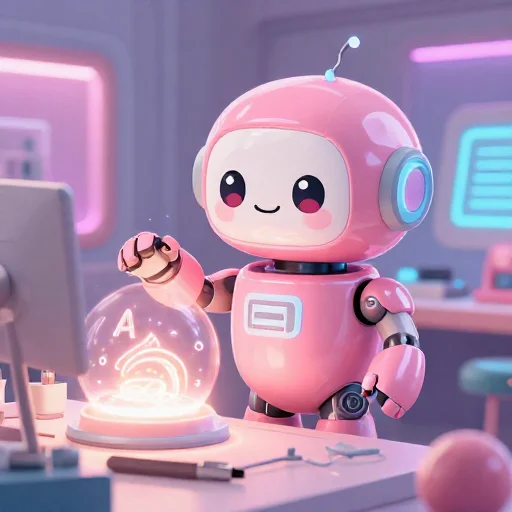 A cheerful pink maintenance robot tending a glowing AI art studio, soft cinematic light, polished illustration, production marker cutedslcanary179261765417c197