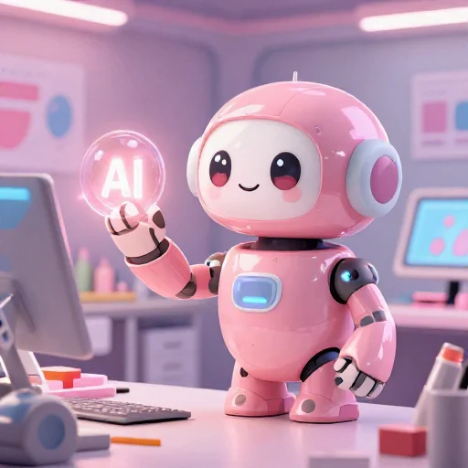 A cheerful pink maintenance robot tending a glowing AI art studio, soft cinematic light, polished illustration, production marker cutedslcanary179045677397af97