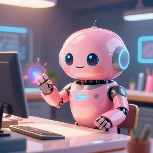 A cheerful pink maintenance robot tending a glowing AI art studio, soft cinematic light, polished illustration, production marker cutedslcanary178870549519ed6f