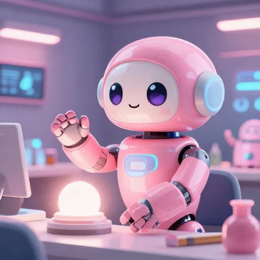 A cheerful pink maintenance robot tending a glowing AI art studio, soft cinematic light, polished illustration, production marker cutedslcanary17896653095185e4