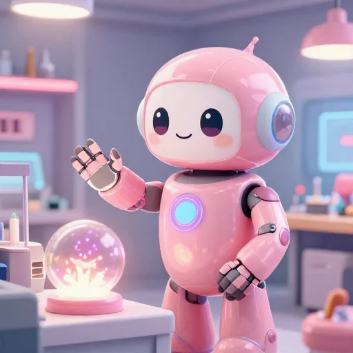 A cheerful pink maintenance robot tending a glowing AI art studio, soft cinematic light, polished illustration, production marker cutedslcanary1791985234a3104a