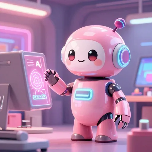 A cheerful pink maintenance robot tending a glowing AI art studio, soft cinematic light, polished illustration, production marker cutedslcanary1787566009c8c800