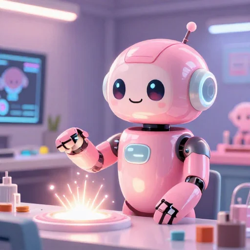 A cheerful pink maintenance robot tending a glowing AI art studio, soft cinematic light, polished illustration, production marker cutedslcanary1791046430692ea4