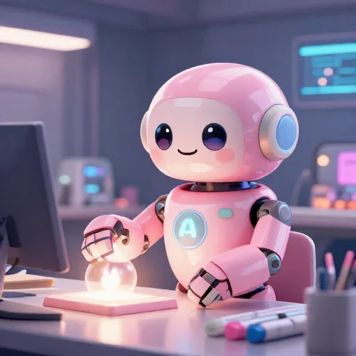 A cheerful pink maintenance robot tending a glowing AI art studio, soft cinematic light, polished illustration, production marker cutedslcanary1789316730e9c3f2