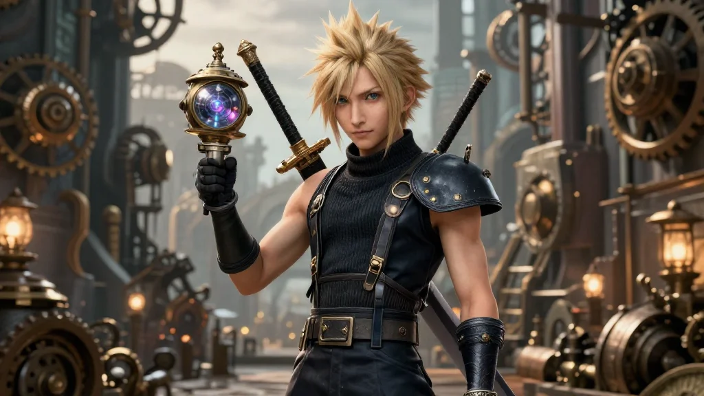 ff7 character zion unreal engine realism steampunk city  character portrait medieval age steampunk pre 1900s world with samurai sword with materia in it