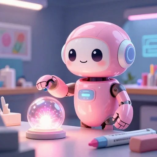 A cheerful pink maintenance robot tending a glowing AI art studio, soft cinematic light, polished illustration, production marker cutedslcanary17901381381b2890