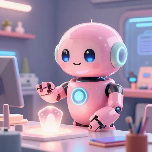 A cheerful pink maintenance robot tending a glowing AI art studio, soft cinematic light, polished illustration, production marker cutedslcanary1792399251d53ea6