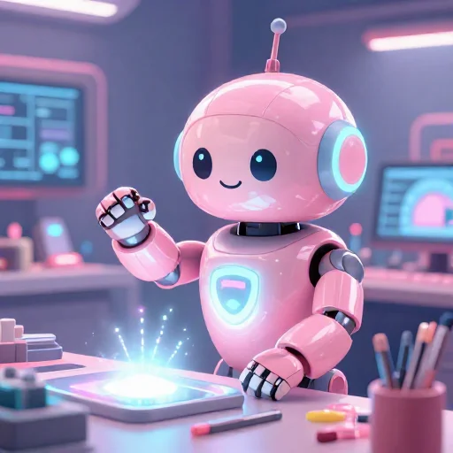 A cheerful pink maintenance robot tending a glowing AI art studio, soft cinematic light, polished illustration, production marker cutedslcanary1791330364263483