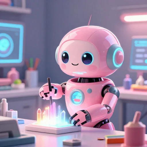 A cheerful pink maintenance robot tending a glowing AI art studio, soft cinematic light, polished illustration, production marker cutedslcanary178665037895c585
