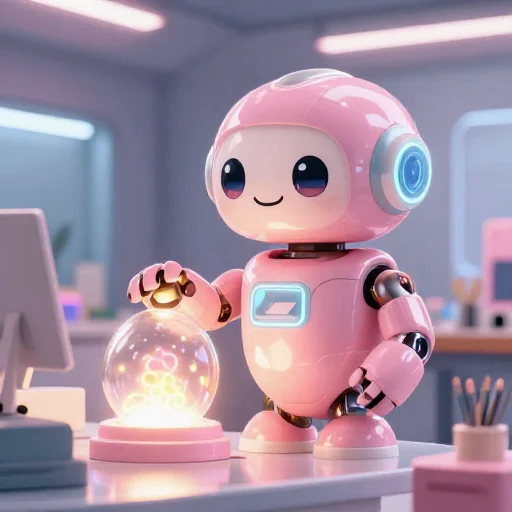 A cheerful pink maintenance robot tending a glowing AI art studio, soft cinematic light, polished illustration, production marker cutedslcanary178951307882bd84