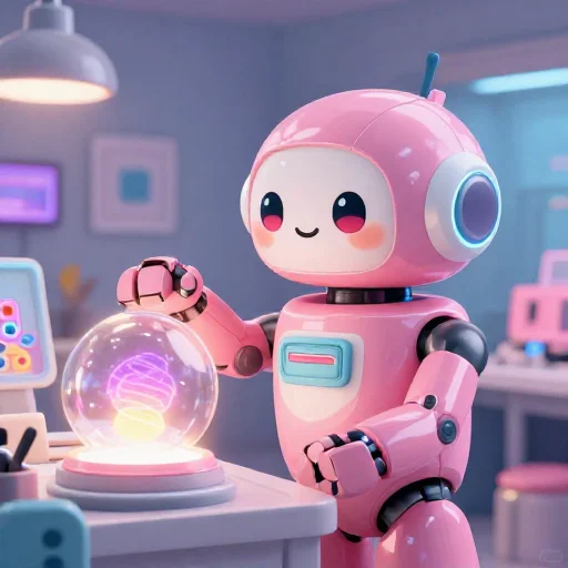 A cheerful pink maintenance robot tending a glowing AI art studio, soft cinematic light, polished illustration, production marker cutedslcanary178842095551d40e