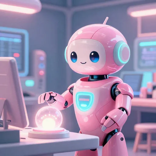 A cheerful pink maintenance robot tending a glowing AI art studio, soft cinematic light, polished illustration, production marker cutedslcanary1789251536b4403b