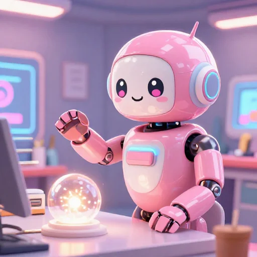 A cheerful pink maintenance robot tending a glowing AI art studio, soft cinematic light, polished illustration, production marker cutedslcanary17862663235e5b2e
