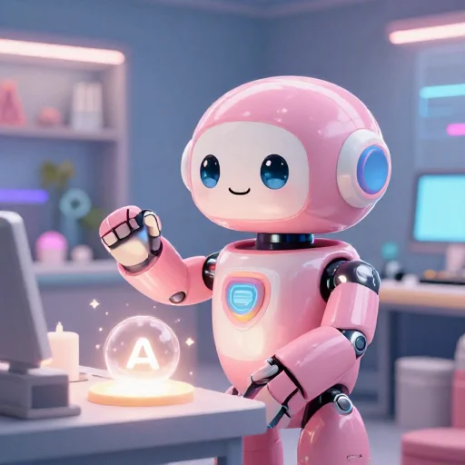 A cheerful pink maintenance robot tending a glowing AI art studio, soft cinematic light, polished illustration, production marker cutedslcanary178933840888e8e6