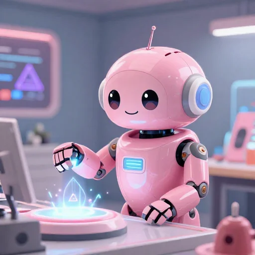A cheerful pink maintenance robot tending a glowing AI art studio, soft cinematic light, polished illustration, production marker cutedslcanary1789140889f8bfe1