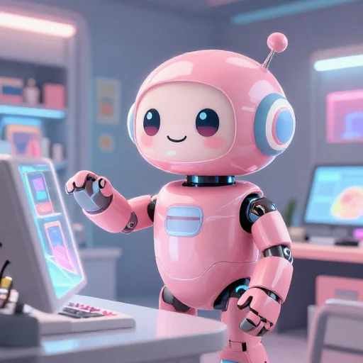 A cheerful pink maintenance robot tending a glowing AI art studio, soft cinematic light, polished illustration, production marker cutedslcanary1789075367587d31