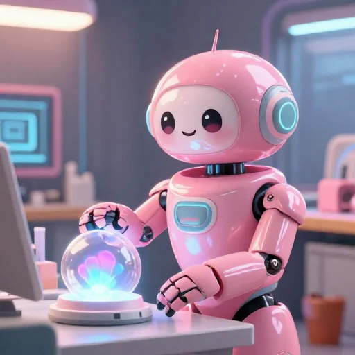 A cheerful pink maintenance robot tending a glowing AI art studio, soft cinematic light, polished illustration, production marker cutedslcanary1787435176a2736c