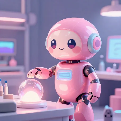 A cheerful pink maintenance robot tending a glowing AI art studio, soft cinematic light, polished illustration, production marker cutedslcanary1788661994d487bc