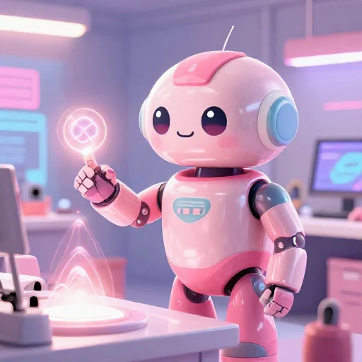 A cheerful pink maintenance robot tending a glowing AI art studio, soft cinematic light, polished illustration, production marker cutedslcanary178861701532407b