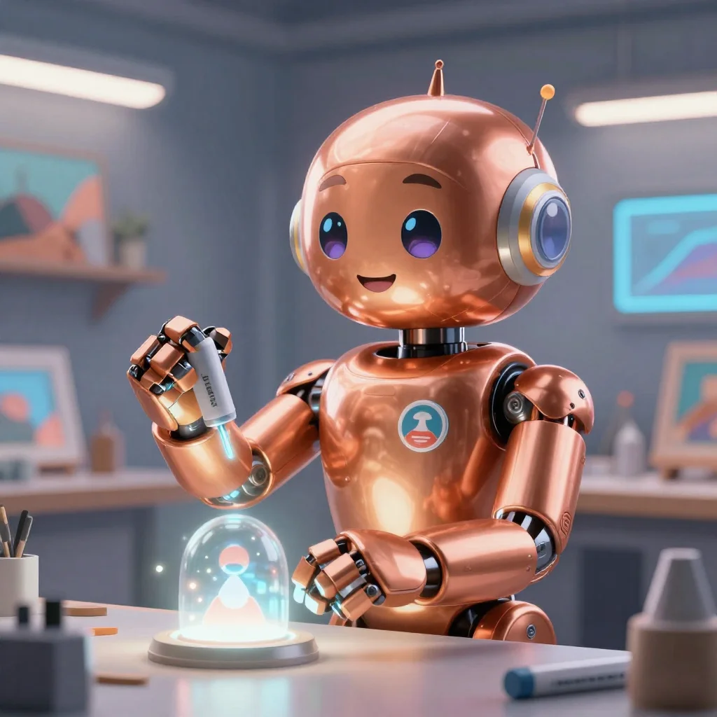 A cheerful copper maintenance robot tending a glowing AI art studio, soft cinematic light, polished illustration, production repair marker cutedslrepair1786266168f36c97