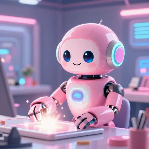 A cheerful pink maintenance robot tending a glowing AI art studio, soft cinematic light, polished illustration, production marker cutedslcanary1787658113e58df7