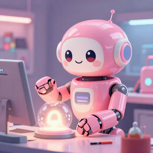 A cheerful pink maintenance robot tending a glowing AI art studio, soft cinematic light, polished illustration, production marker cutedslcanary17909155713e336f