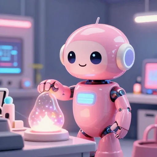 A cheerful pink maintenance robot tending a glowing AI art studio, soft cinematic light, polished illustration, production marker cutedslcanary1792421149c62c17