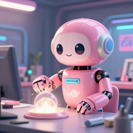 A cheerful pink maintenance robot tending a glowing AI art studio, soft cinematic light, polished illustration, production marker cutedslcanary1791941763db603f