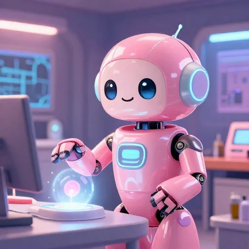 A cheerful pink maintenance robot tending a glowing AI art studio, soft cinematic light, polished illustration, production marker cutedslcanary1791352062294a81
