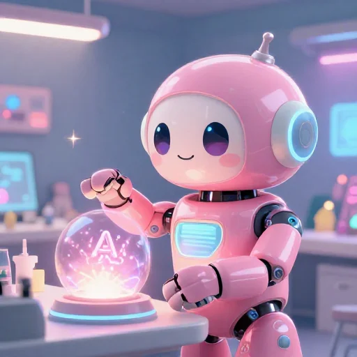 A cheerful pink maintenance robot tending a glowing AI art studio, soft cinematic light, polished illustration, production marker cutedslcanary1789491263f3eec5