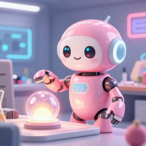 A cheerful pink maintenance robot tending a glowing AI art studio, soft cinematic light, polished illustration, production marker cutedslcanary1789381980eb85f0
