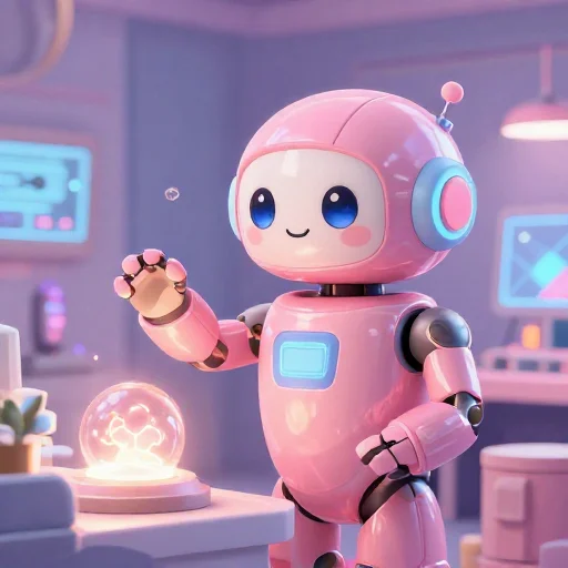 A cheerful pink maintenance robot tending a glowing AI art studio, soft cinematic light, polished illustration, production marker cutedslcanary1792072257854a97
